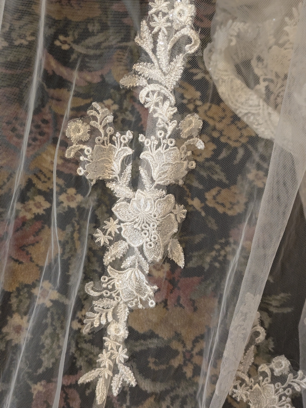 Ivory Beaded Bodice Bridal Overlay with Train and Floral Appliqué - Picture 10 of 12